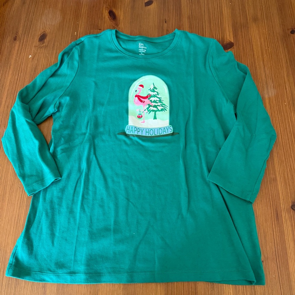 Kim Rogers Green Flamingo “Happy Holidays” Flamingo 3/4 Sleeve - Large